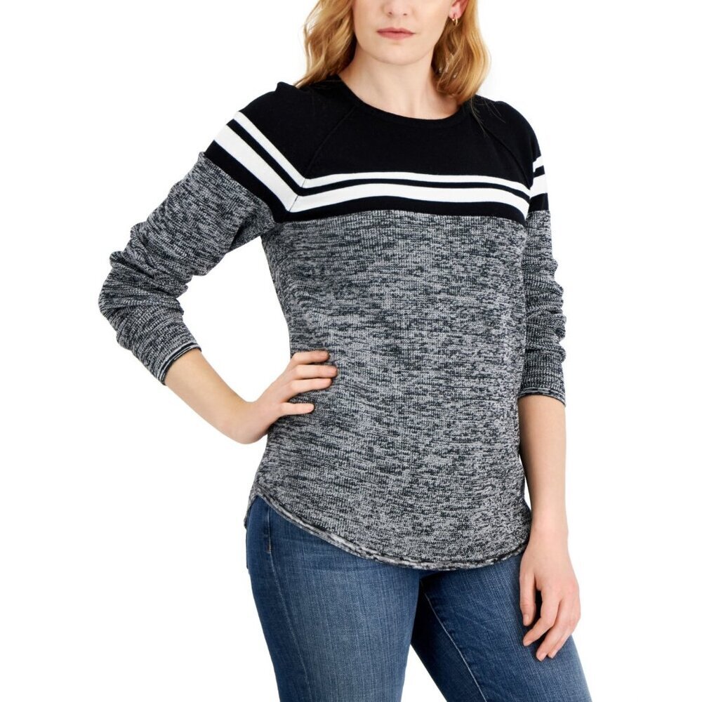 Karen Scott Womens Medium Cotton Colorblocked Striped Sweater in Black $47 SW1